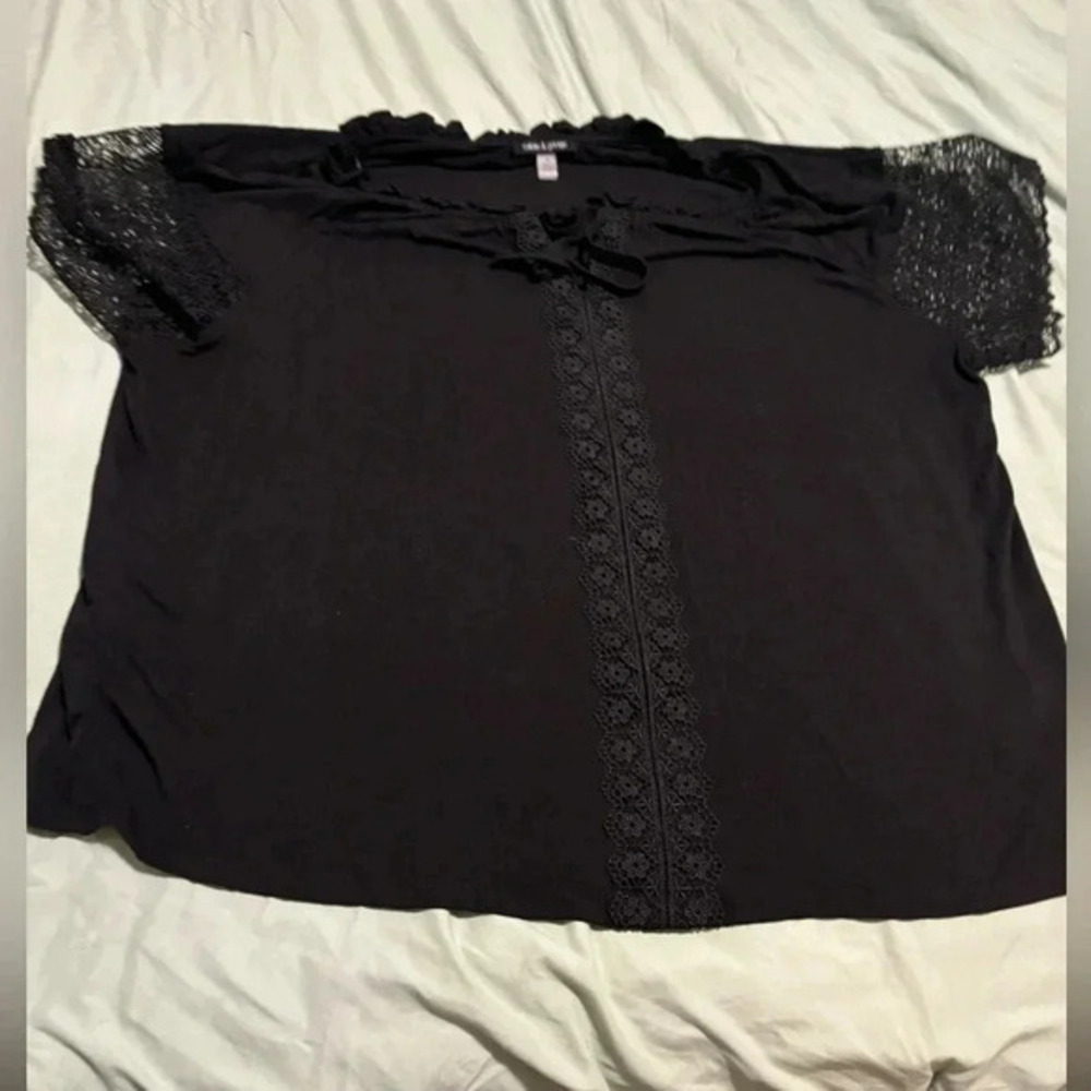 Cable & Gauge Women's Tie Neck Short Sleeve Crochet Top Black Size 2X